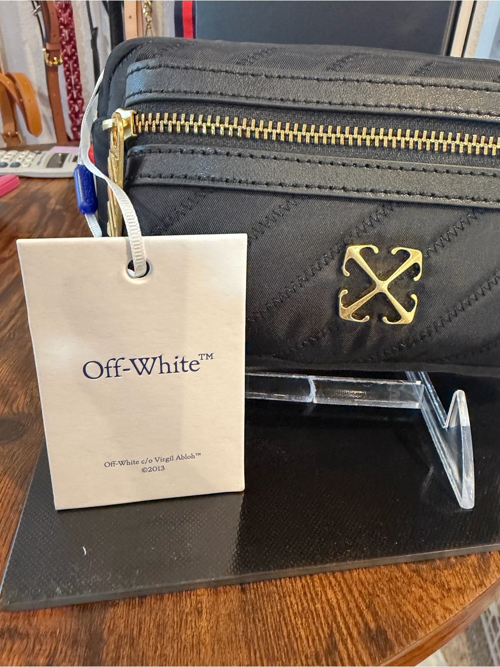 Authentic Off-White Black Quilted Crossbody Bag with Gold Hardware